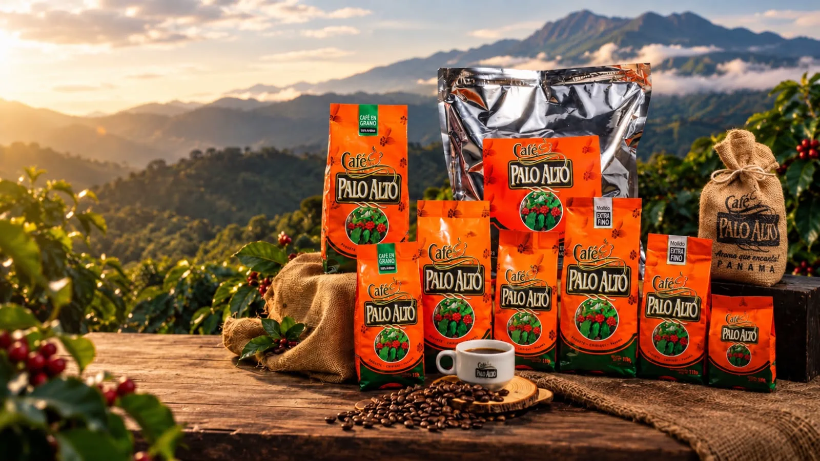 Presentaciones de Café Palo Alto sobre las montañas de Boquete al amanecer